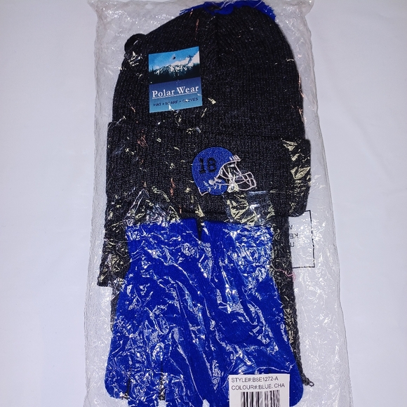 Boys Knit Hat, Scarf And Gloves Set With Patches- Blue/Charcoal One Size, New - Picture 5 of 5